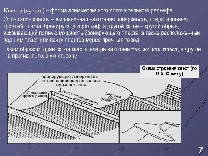 Квеста (куэста) – форма асимметричного положительного рельефа. Один склон квесты