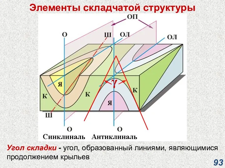 Элементы складчатой структуры Угол складки - угол, образованный линиями, являющимися продолжением крыльев γ