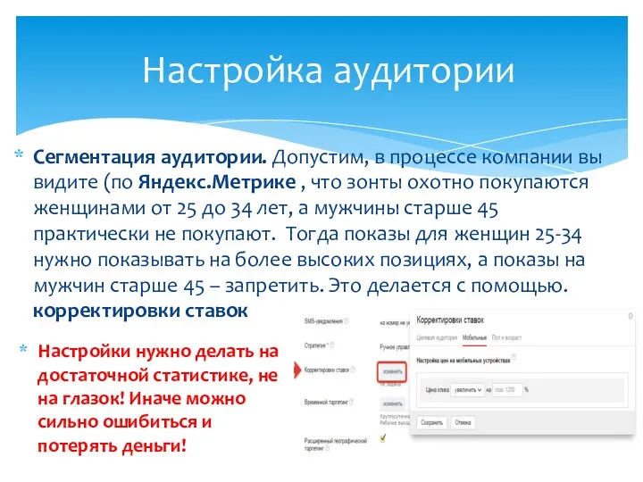 Сегментация аудитории. Допустим, в процессе компании вы видите (по Яндекс.Метрике