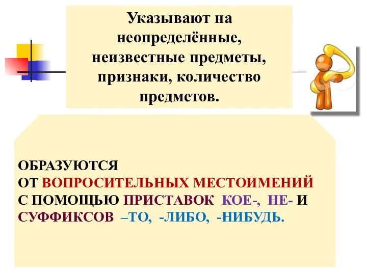 ОБРАЗУЮТСЯ ОТ ВОПРОСИТЕЛЬНЫХ МЕСТОИМЕНИЙ С ПОМОЩЬЮ ПРИСТАВОК КОЕ-, НЕ- И