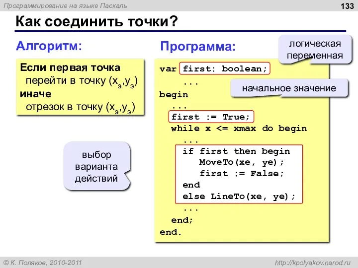 Как соединить точки? Алгоритм: Если первая точка перейти в точку