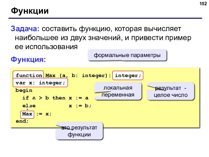 Функции Задача: составить функцию, которая вычисляет наибольшее из двух значений,