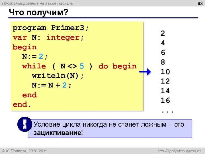 program Primer3; var N: integer; begin N:= 2; while (