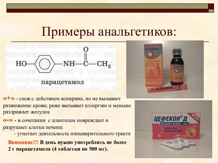 Примеры анальгетиков: «+» - схож с действием аспирина, но не вызывает разжижение крови;