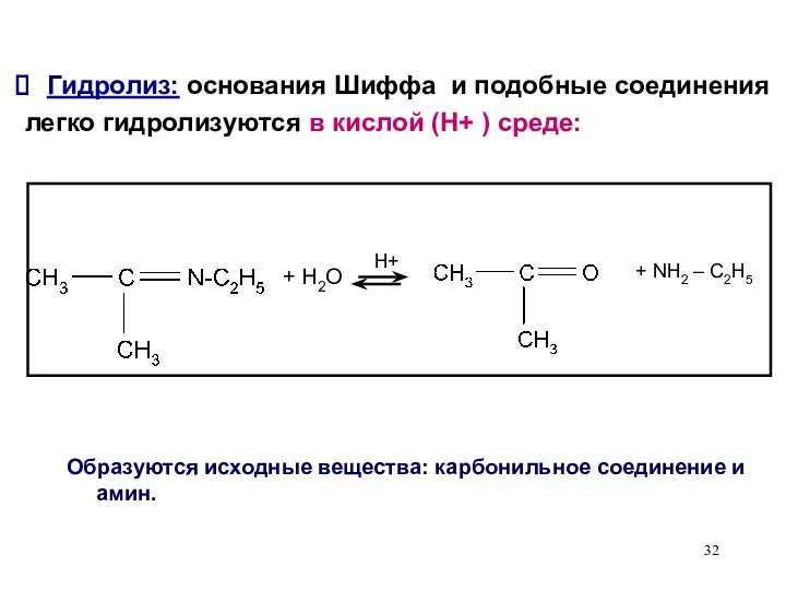Гидролиз: основания Шиффа и подобные соединения легко гидролизуются в кислой