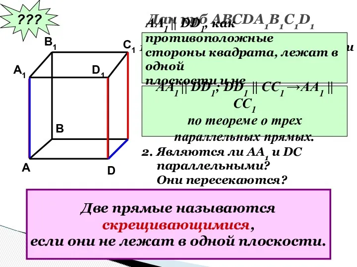 ??? Дан куб АВСDA1B1C1D1 Являются ли параллельными прямые АА1 и