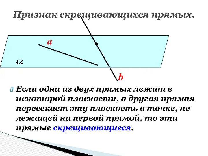 Признак скрещивающихся прямых. Если одна из двух прямых лежит в