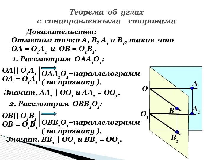 Теорема об углах с сонаправленными сторонами О1 О А1 В1