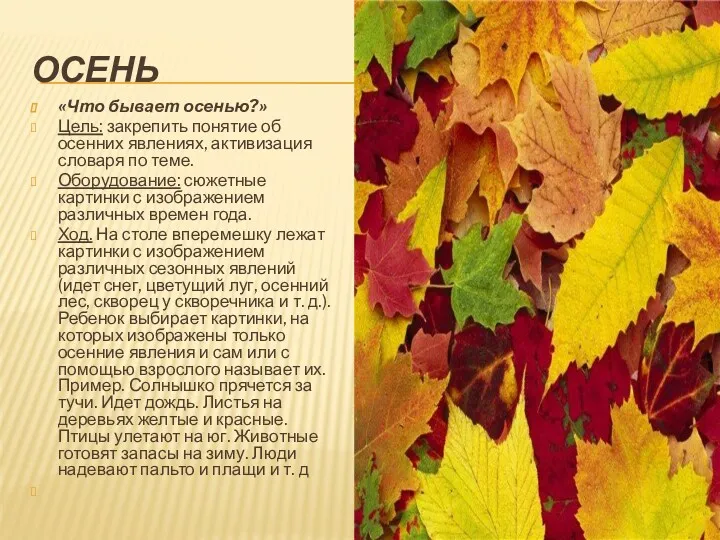 ОСЕНЬ «Что бывает осенью?» Цель: закрепить понятие об осенних явлениях,