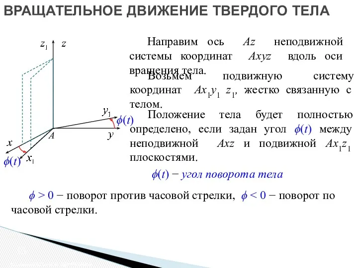 ВРАЩАТЕЛЬНОЕ ДВИЖЕНИЕ ТВЕРДОГО ТЕЛА Вращательное движение ϕ(t) − угол поворота