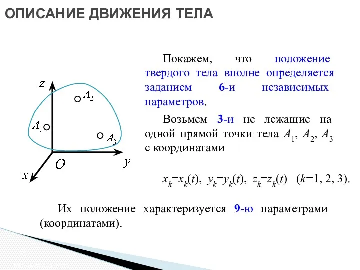 ОПИСАНИЕ ДВИЖЕНИЯ ТЕЛА Кинематика тела Покажем, что положение твердого тела