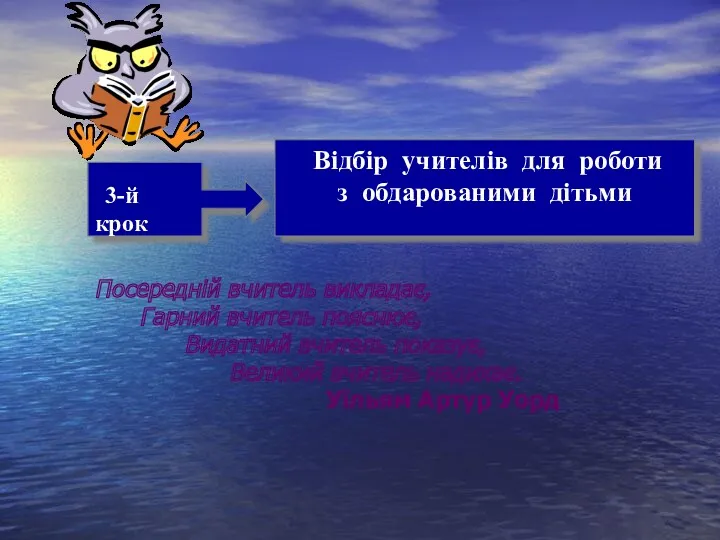 Посередній вчитель викладає, Гарний вчитель пояснює, Видатний вчитель показує, Великий вчитель надихає. Уїльям