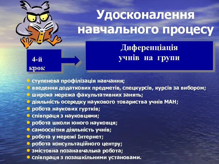 Удосконалення навчального процесу ступенева профілізація навчання; введення додаткових предметів, спецкурсів, курсів за вибором;