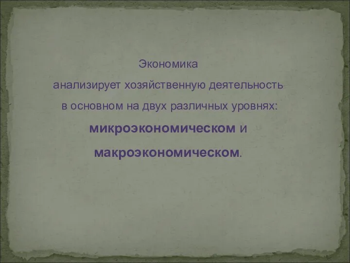 Экономика анализирует хозяйственную деятельность в основном на двух различных уровнях: микроэкономическом и макроэкономическом.