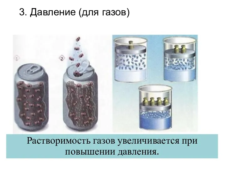 Растворимость газов увеличивается при повышении давления. 3. Давление (для газов)