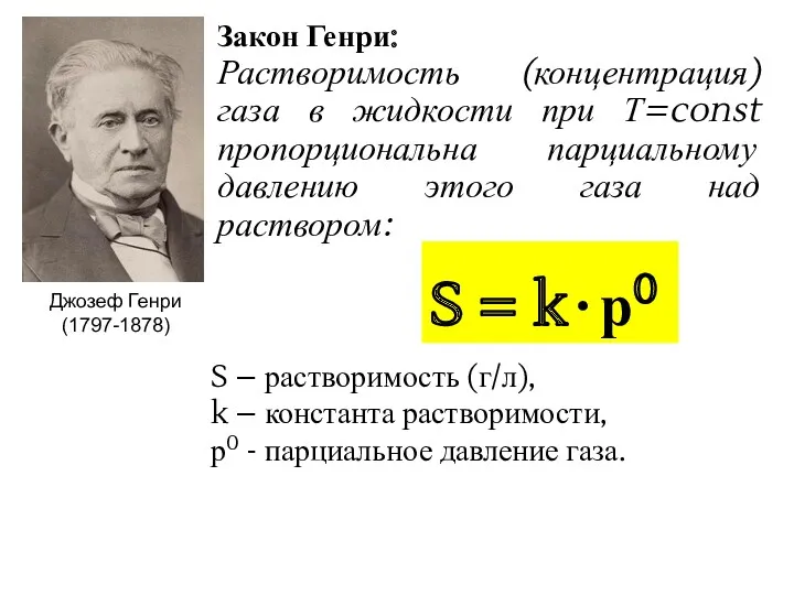 S = k ∙ р0 Закон Генри: Растворимость (концентрация) газа