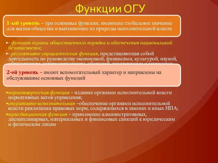 Функции ОГУ 1-ый уровень – три основные функции, имеющие глобальное