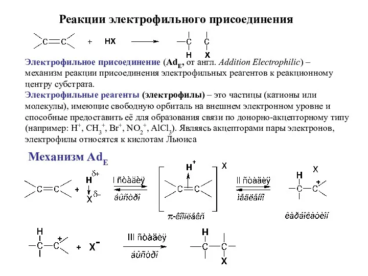 Электрофильное присоединение (АdЕ, от англ. Addition Electrophilic) – механизм реакции