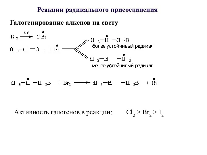 Реакции радикального присоединения Галогенирование алкенов на свету Активность галогенов в реакции: Cl2 > Br2 > I2