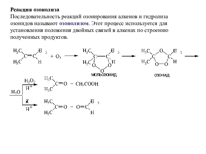 Реакция озонолиза Последовательность реакций озонирования алкенов и гидролиза озонидов называют