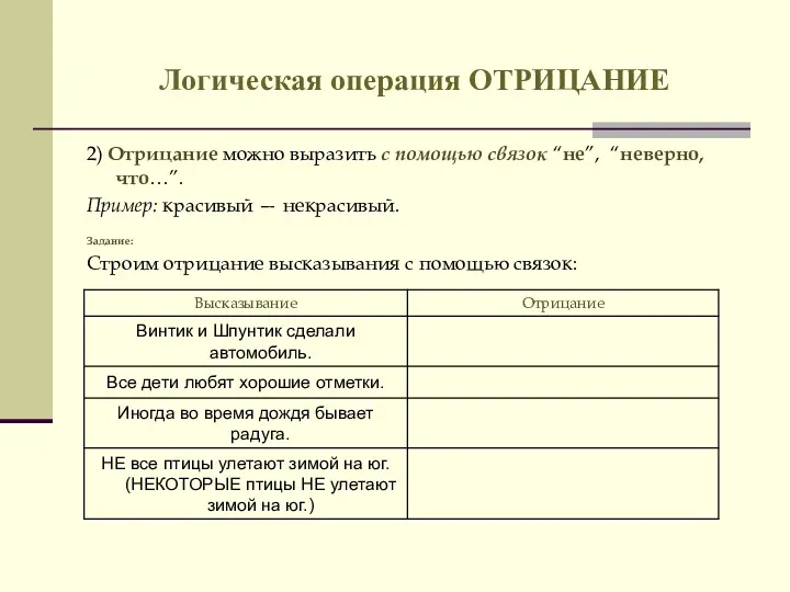 Логическая операция ОТРИЦАНИЕ 2) Отрицание можно выразить с помощью связок