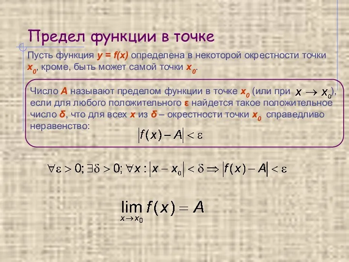 Предел функции в точке Пусть функция y = f(x) определена