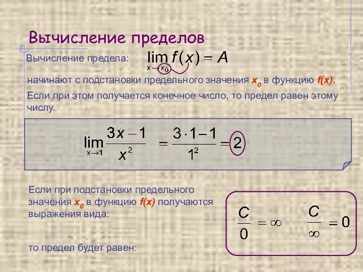 Вычисление пределов Вычисление предела: начинают с подстановки предельного значения x0