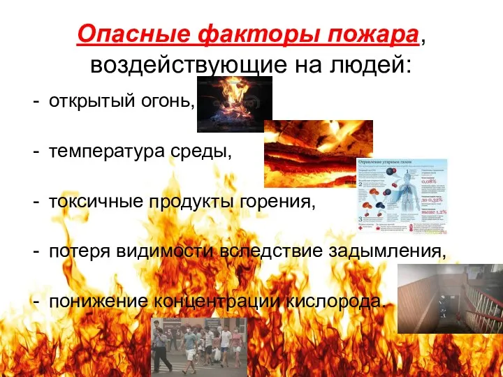Опасные факторы пожара, воздействующие на людей: открытый огонь, температура среды,