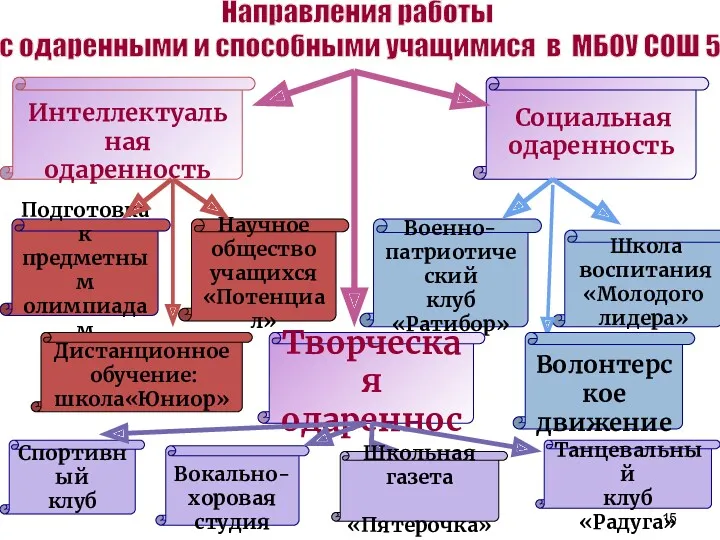 Интеллектуальная одаренность Вокально- хоровая студия Подготовка к предметным олимпиадам Спортивный клуб Научное общество