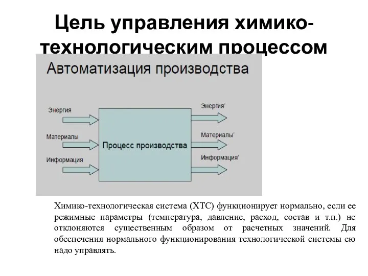 Цель управления химико-технологическим процессом Химико-технологическая система (ХТС) функционирует нормально, если