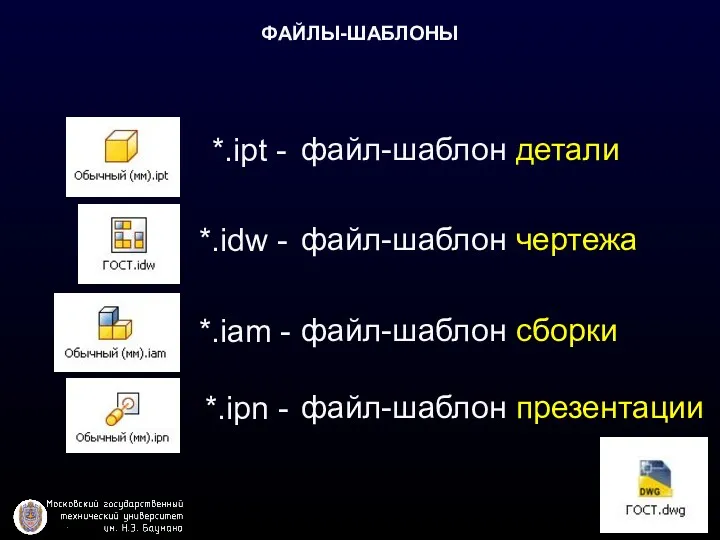 ФАЙЛЫ-ШАБЛОНЫ *.ipt - файл-шаблон детали *.idw - файл-шаблон чертежа *.iam