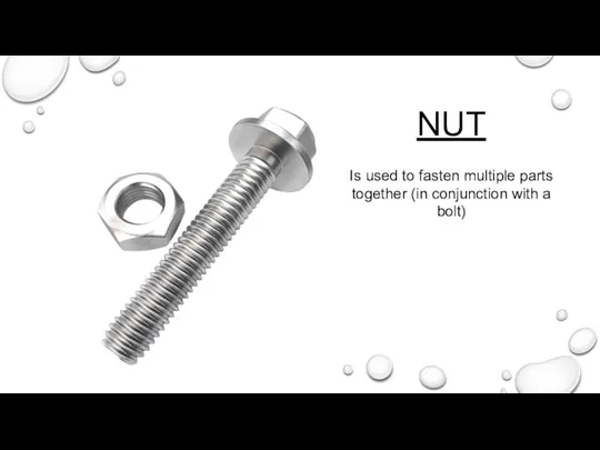 NUT Is used to fasten multiple parts together (in conjunction with a bolt)