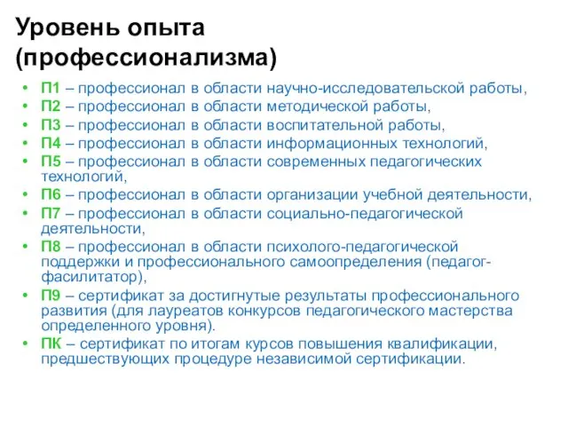 Уровень опыта (профессионализма) П1 – профессионал в области научно-исследовательской работы,