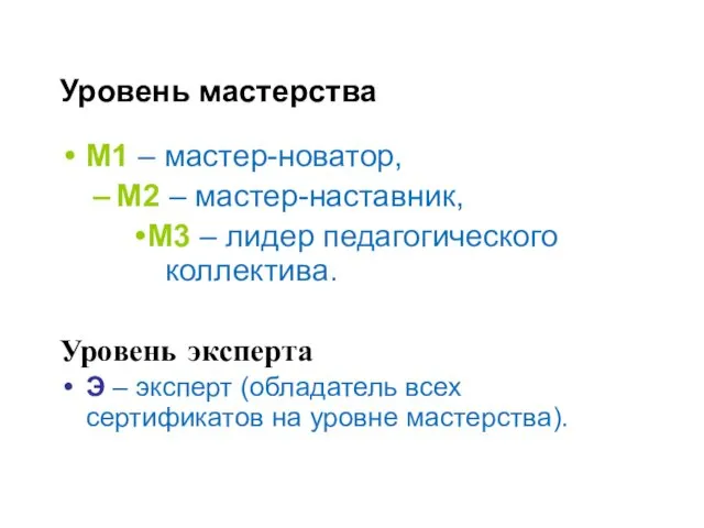 Уровень мастерства М1 – мастер-новатор, М2 – мастер-наставник, М3 –