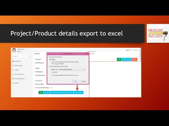 Project/Product details export to excel