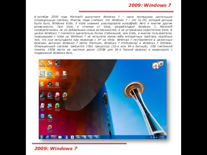 2009: Windows 7 В октябре 2009 года Microsoft выпустила Windows