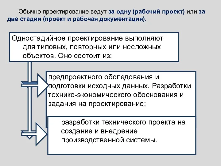 Одностадийное проектирование выполняют для типовых, повторных или несложных объектов. Оно