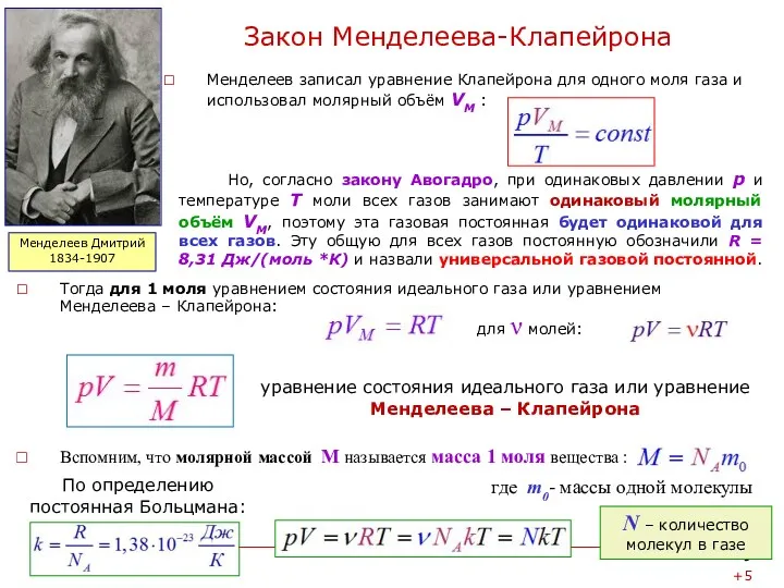 Закон Менделеева-Клапейрона Менделеев записал уравнение Клапейрона для одного моля газа и использовал молярный