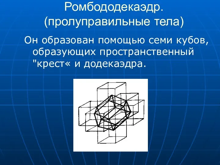 Ромбододекаэдр. (пролуправильные тела) Он образован помощью семи кубов, образующих пространственный "крест« и додекаэдра.