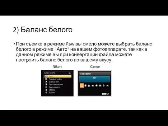 2) Баланс белого При съемке в режиме Raw вы смело