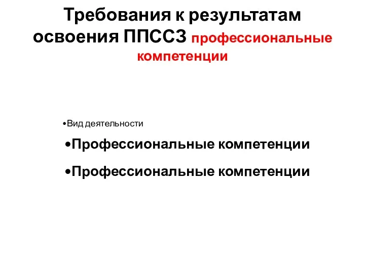 Требования к результатам освоения ППССЗ профессиональные компетенции Вид деятельности Профессиональные компетенции Профессиональные компетенции