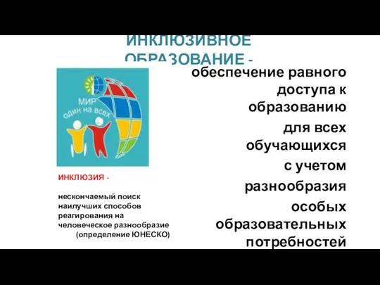 ИНКЛЮЗИВНОЕ ОБРАЗОВАНИЕ - обеспечение равного доступа к образованию для всех