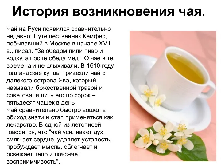История возникновения чая. Чай на Руси появился сравнительно недавно. Путешественник Кемфер, побывавший в