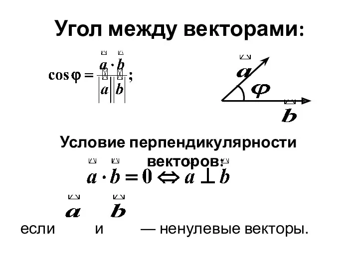 Угол между векторами: Условие перпендикулярности векторов: если и ― ненулевые векторы.