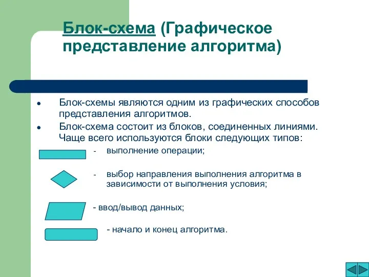 Блок-схема (Графическое представление алгоритма) Блок-схемы являются одним из графических способов