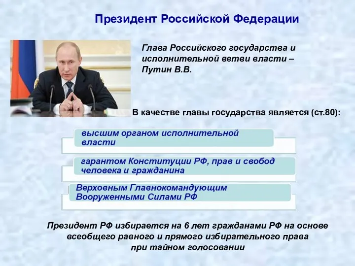 Президент Российской Федерации Глава Российского государства и исполнительной ветви власти