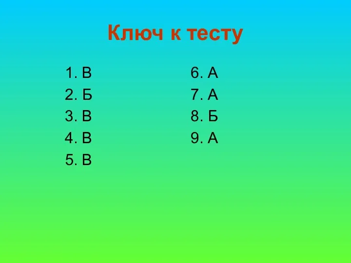 Ключ к тесту 1. В 2. Б 3. В 4.