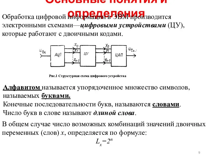 Основные понятия и определения Обработка цифровой информации в ЭВМ производится