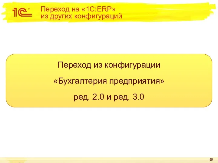 Переход на «1C:ERP» из других конфигураций Переход из конфигурации «Бухгалтерия предприятия» ред. 2.0 и ред. 3.0