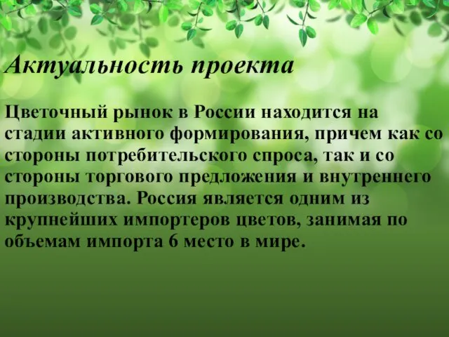 Актуальность проекта Цветочный рынок в России находится на стадии активного